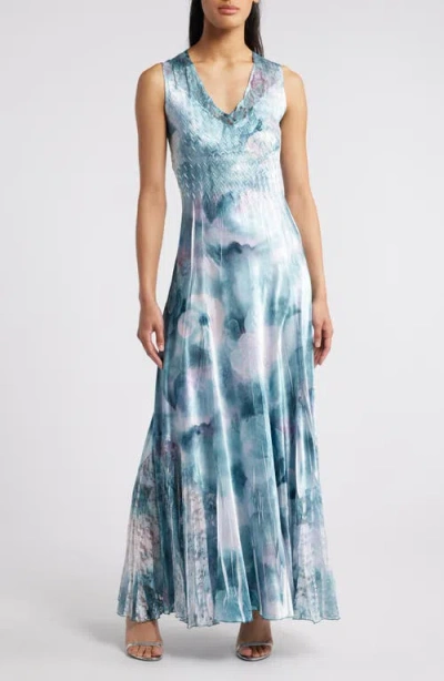Komarov Charmeuse & Chiffon Maxi Cocktail Dress In Everglade Sky