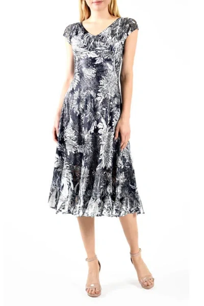 Komarov Dhalia Print Cap Sleeve Dress W Lace In Pattern
