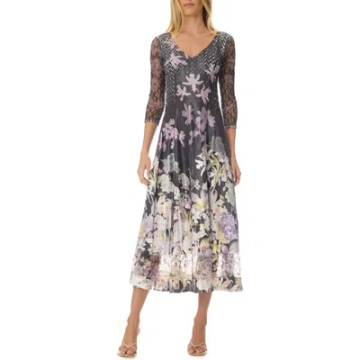 Komarov Floral Border Charmuese Dress With Lace Sleeves In Gray