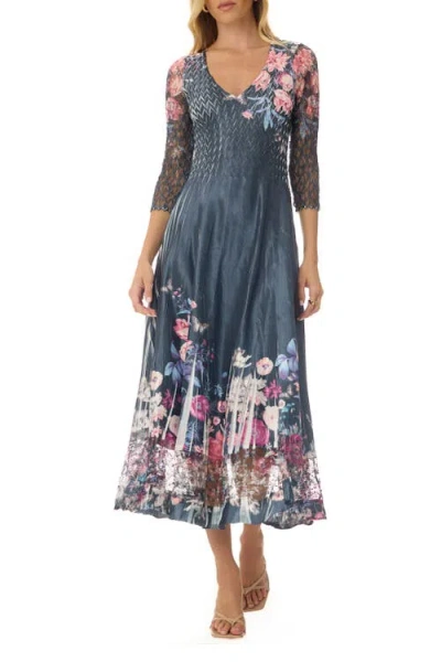 Komarov Floral Charmuese Dress With Lace Sleeves In Multi