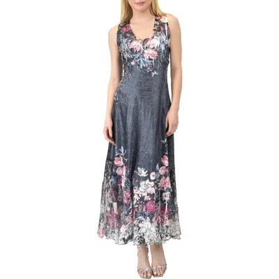 Komarov Floral Long Dress With Lace Up Back Detail In Gray