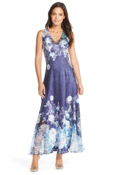 Komarov Floral Print Charmeuse & Lace Gown In Celestial
