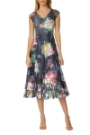 Komarov Floral Print Dress With Lace Cap Sleeve In Multi