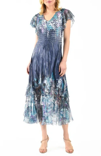 Komarov Flutter Sleeve Charmeuse & Chiffon Cocktail Dress In Navy Wisteria