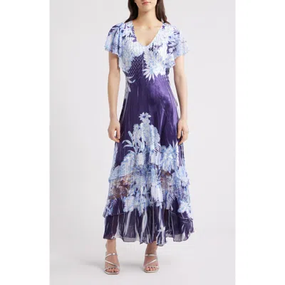 Komarov Flutter Sleeve Charmeuse & Chiffon Maxi Cocktail Dress