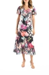 Komarov Flutter Sleeve Charmeuse & Chiffon Midi Dress In Flourescent Flora