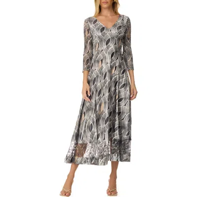Komarov Geometric Charmuese Dress With Lace Sleeves In Gray