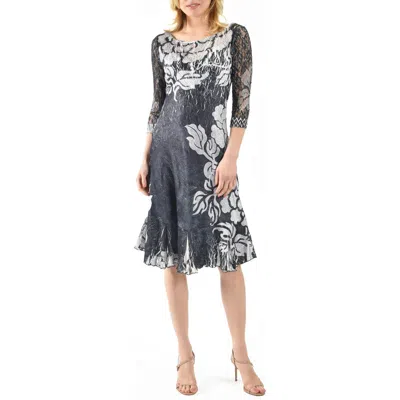 Komarov Lace Sleeve Charmeuse & Chiffon Cocktail Dress In Black/silver Brocade