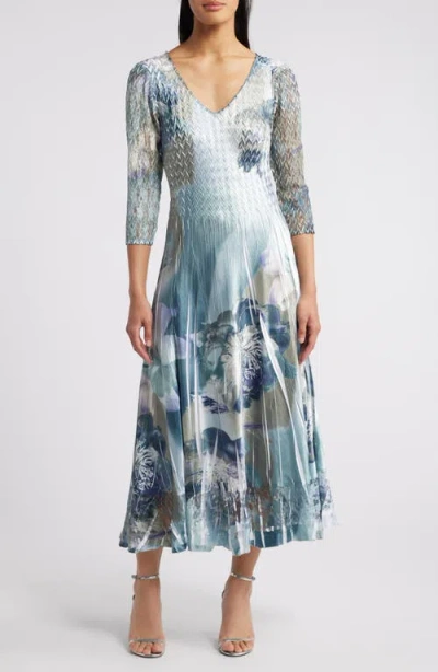 Komarov Lace Sleeve Charmeuse & Chiffon Cocktail Dress In Midnight Peony