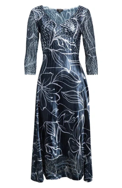 Komarov Lace Trim Charmeuse Cocktail Dress In Black/white Hibiscus