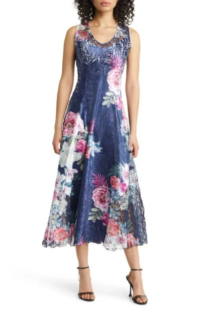 Komarov Lace-up Back Charmeuse Maxi Dress In Blue