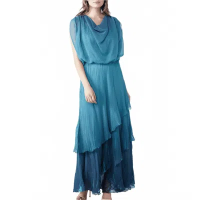 Komarov Ombre Cowl Neck Tiered Chiffon Ruffle Dress - Violet Blue In Violet Blue Ombre
