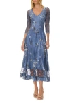 Komarov Paisley Charmuese Dress With Lace Sleeves In Blue