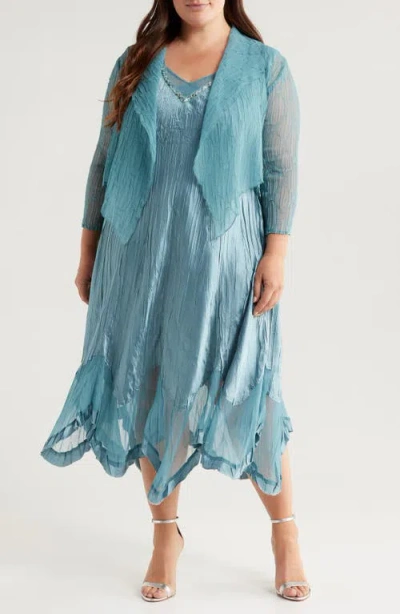Komarov Pleated Charmeuse & Chiffon Dress & Jacket Set In Silver Blue