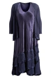 Komarov Satin Charmeuse & Chiffon Cocktail Midi Dress & Jacket Set In Midnight Navy
