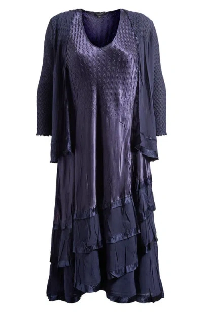 Komarov Satin Charmeuse & Chiffon Cocktail Midi Dress & Jacket Set In Midnight Navy