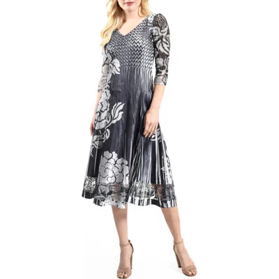 Komarov Silver Stencil Printed Charmeuse 3/4 Sleeve Dress In Black