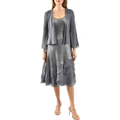 Komarov Tiered Charmeuse & Chiffon Cocktail Dress With Jacket In Gray