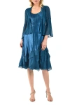 Komarov Wide Sleeve Charmeuse & Chiffon Tiered Dress With Jacket In Blue