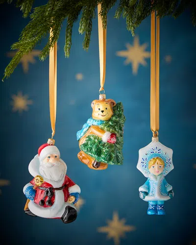Komozja Santa, Bear With Tree And Little Girl Christmas Ornaments, Set Of 3