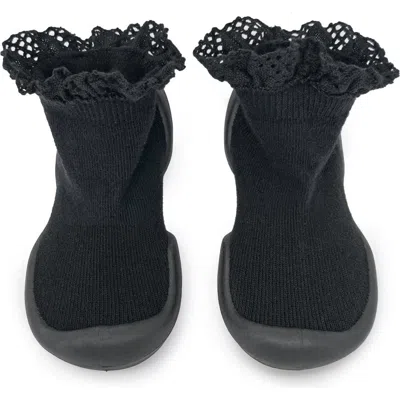 Komuello Babies'  Toddler Girl Sock Shoes Lace Trim In Black