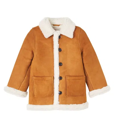 Konges Sløjd Kids' Bonne羊毛皮边饰皮革大衣 In Brown