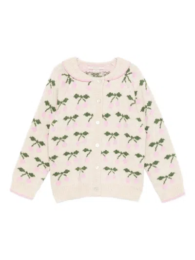 Konges Sløjd Kids' Cherry-intarsia Collared Cardigan In Neutral
