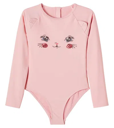 Konges Sløjd Kids' Kitty Sequined Rashguard Swimsuit In Pink