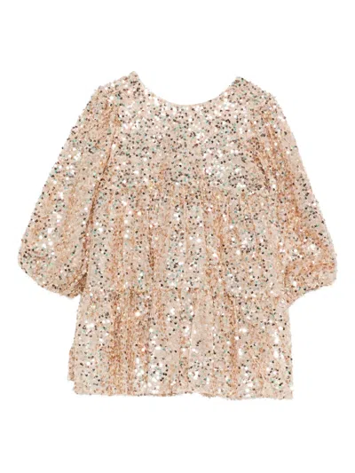 Konges Sløjd Kids' Sequin-embellished Puff-sleeve Dress In Gold
