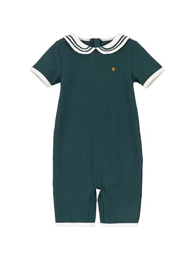 Konges Sløjd Kids' Striped Collared Embroidered Playsuit In Green