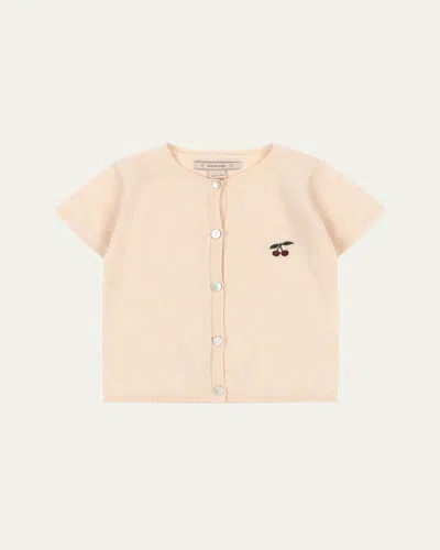 Konges Slojd Kids' Girl's Basi Cherry-embroidered Wool Knit Cardigan In Pink