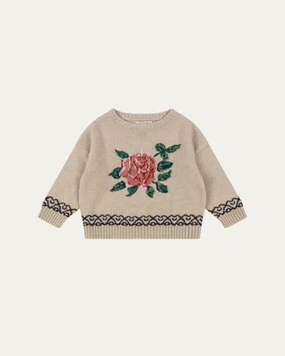 Konges Slojd Kids' Girl's Carola Floral Intarsia Sweater In Off White Melange