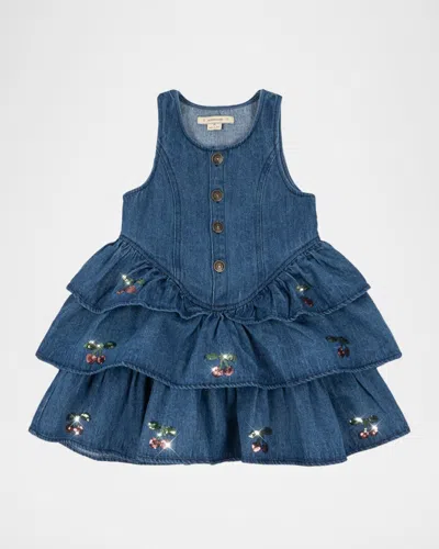 Konges Slojd Kids' Girl's Elba Embroidered Sequin Denim Dress In Blue