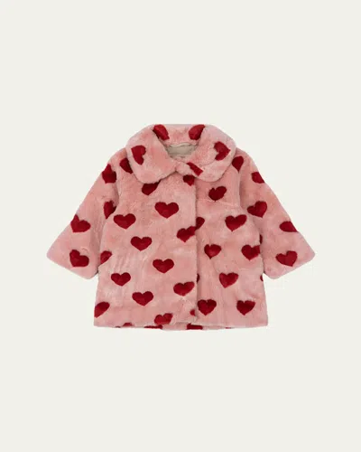 Konges Slojd Kids' Girl's Fuzzie Heart-print Coat In Pink