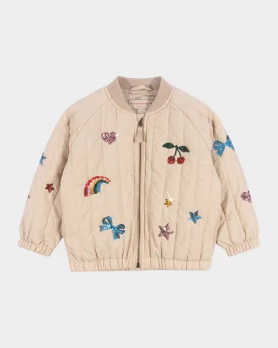 Konges Slojd Kids' Girl's Juno Sequined Scattered Patches Bomber Jacket In Smoke Gray