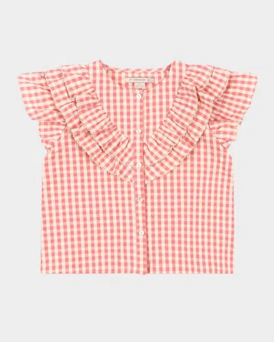 Konges Slojd Kids' Girl's Kim Frill Gingham-print Shirt In Flamingo Plume Check