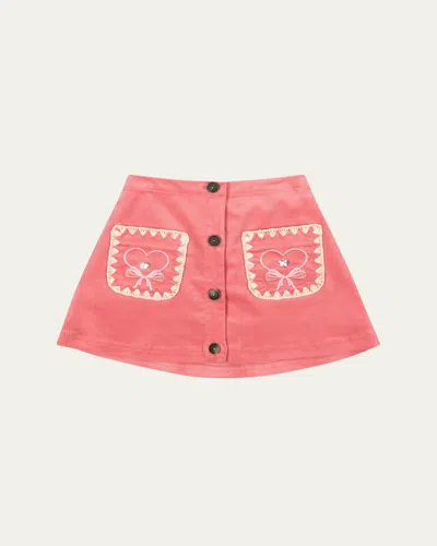 Konges Slojd Kids' Girl's Lucky Embroidered-pocket Button-front Skirt In Flamingo Plume