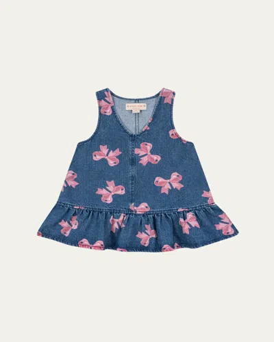 Konges Slojd Kids' Girl's Magot Bow-print Denim Dress In Bella Bow (for Denim)