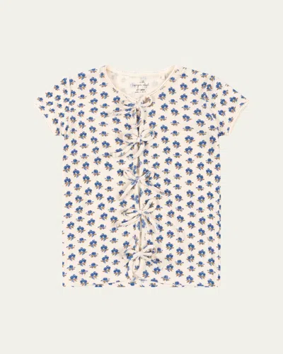 Konges Slojd Kids' Girl's Mulli Floral-print Bow Shirt In Piccoloblu Gold