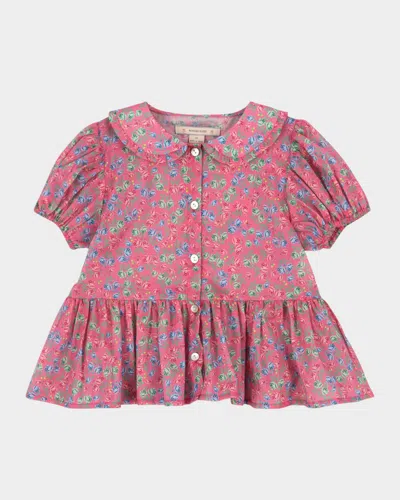 Konges Slojd Kids' Girl's Pacey Rose-print Peplum Shirt In Pink