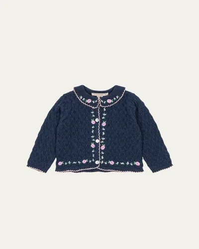 Konges Slojd Kids' Girl's Rosier Embroidered Cardigan In Blue