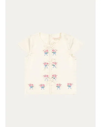 Konges Slojd Kids' Girl's Sheeny Bow Embroidered Blouse In Neutral