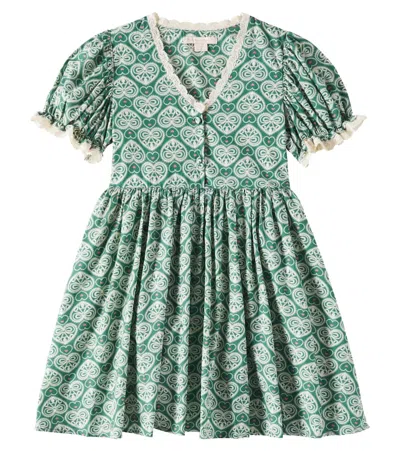 Konges Slojd Kids' Coeur Lace-trimmed Printed Cotton Dress In Green