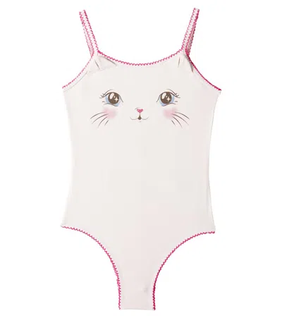 Konges Slojd Kids' Kitty Bow-detail Printed Swimsuit In White