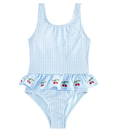 Konges Slojd Kids' Soline Embroidered Gingham Swimsuit In Blau