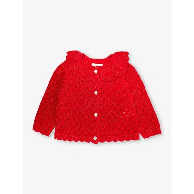 Konges Slojd Babies'  Savy Red Scalloped-trim Metallic-knit Organic-cotton Blend Cardigan 3-24 Months