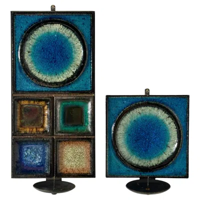 Pre-owned Konrad Galaaen Pair Of Mid Century Ceramic Mosaic Wall Candle Sconces By  1960s In Black