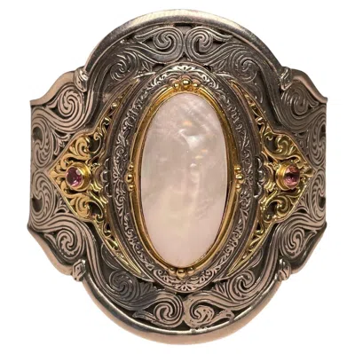 Pre-owned Konstantino 18k Yellow Gold 925 Sterling Silver Mother Of Pearl Cuff Bracelet