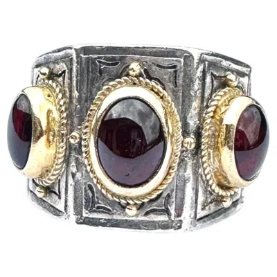 Pre-owned Konstantino 3-stone 22 Karat Sterling Cigar Band Garnet Cabochon Ring In Multi