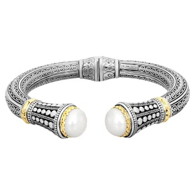 Pre-owned Konstantino 925 Silver 18k Gold Clas Cultured Pearl Bangle Bracelet Size 6.5" In Multiple